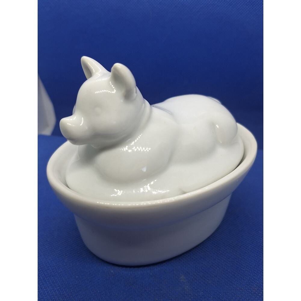Vintage White Porcelain Pig Covered Butter Dish 2 Piece Figural Farmhouse Decor